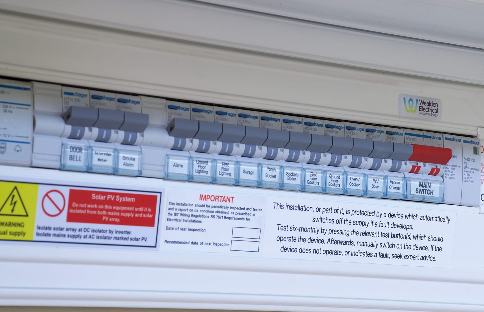 Hager Fuse Board Hager Flush Mount Fuse Board with RCBOs & SPD. Electrician in Sussex, Replacement fuse board to accommodate solar PV & electric vehicle charger.